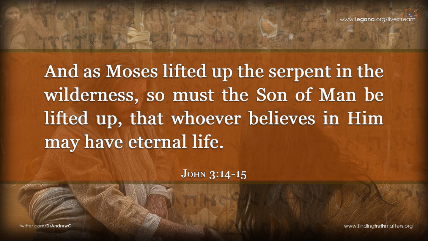 John 3:14 And as Moses lifted up the serpent in the wilderness, so must the Son of Man be lifted up, John 3:15 that whoever believes in him may have eternal life.