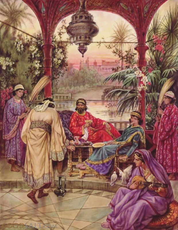 A depiction of Nehemiah before King Artaxerxes I.